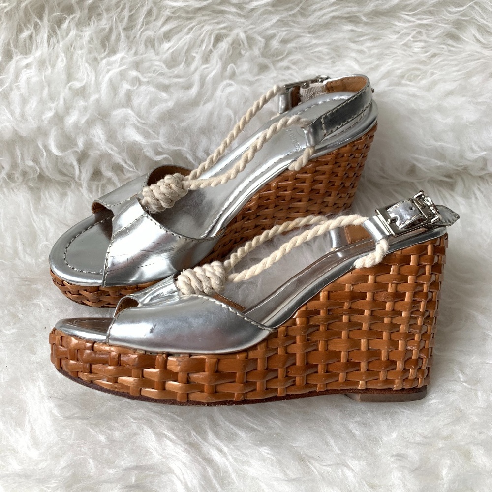 Tory Burch Rattan Wicker Wedge Silver Slingback 6